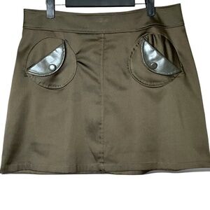 TATYANA Olive Green Poly Blend Satin Faux Leather Pocket Flaps Lined Mini Skirt
